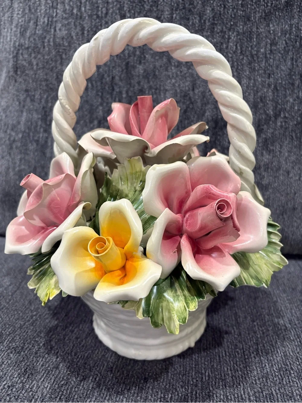 Capodimonte Pink and Yellow Porcelain Flowers in basket
